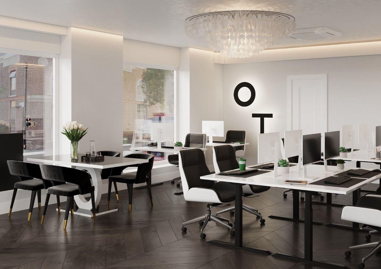 Black and white office with herringbone floor